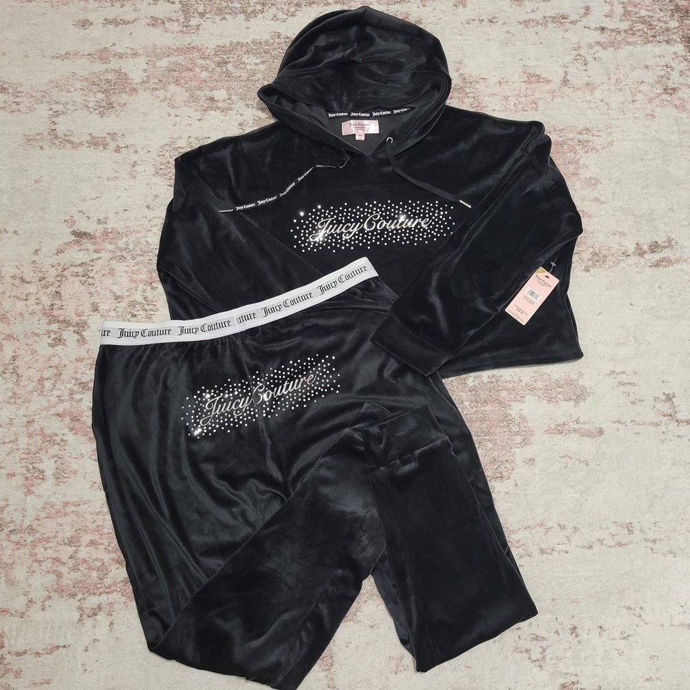 Juicy Couture Black Velour Logo Hoodie & Jogger Lounge Set XL